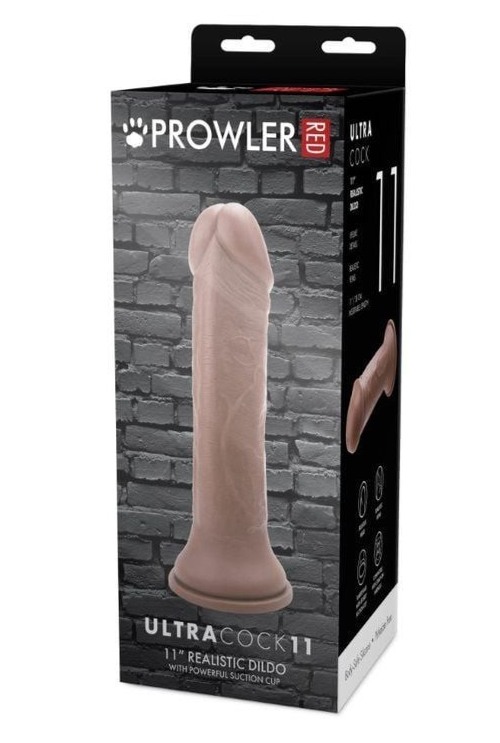 Prowler Ultra Cock 11 packaging with a realistic dildo model on a brick wall background