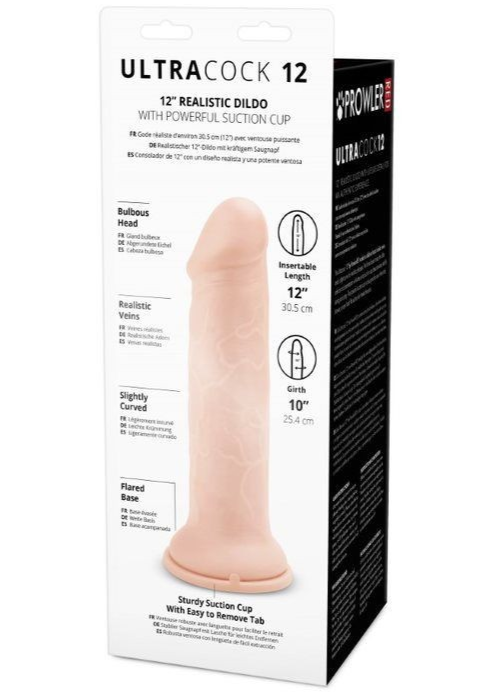 Box of UltraCock 12 realistic dildo with suction cup on a white background