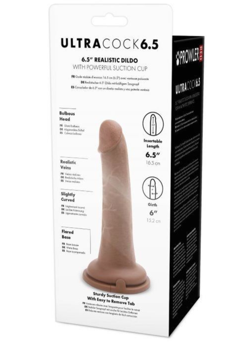 Boxed UltraCock 6.5 realistic dildo with power suction cup on a white background