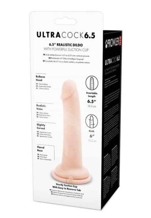 Product packaging of Ultra Cock 6.5 realistic dildo with suction cup on a white background