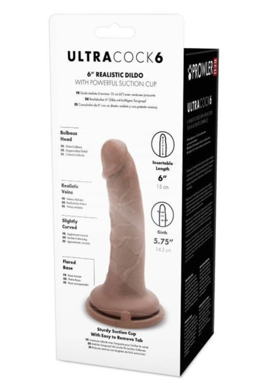 Boxed UltraCock 6 realistic dildo with suction cup on a white background