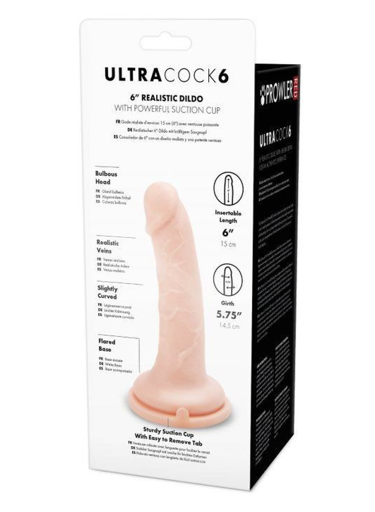Box of UltraCock 6 realistic dildo with suction cup on a white background