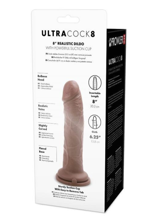 Box of UltraCock 8 realistic dildo with packaging details on a white background
