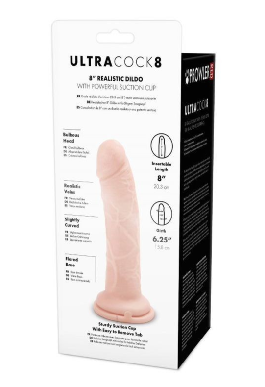 Boxed UltraCock 8 realistic dildo with suction cup on a white background