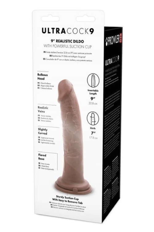 Product packaging of UltraCock 9 realistic dildo with suction cup on a white background