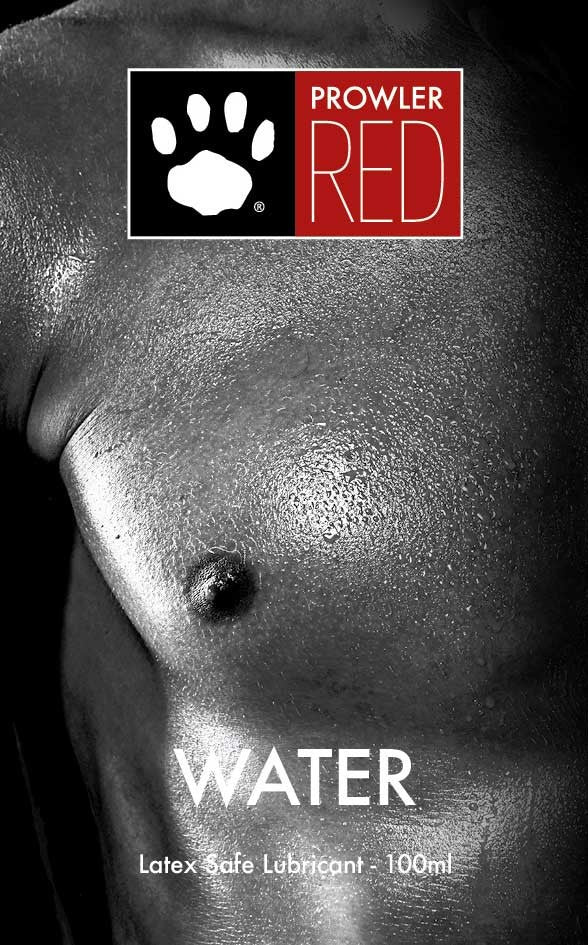 Product packaging for 'Prowler Red' water-based latex-safe lubricant with a close-up of skin texture.