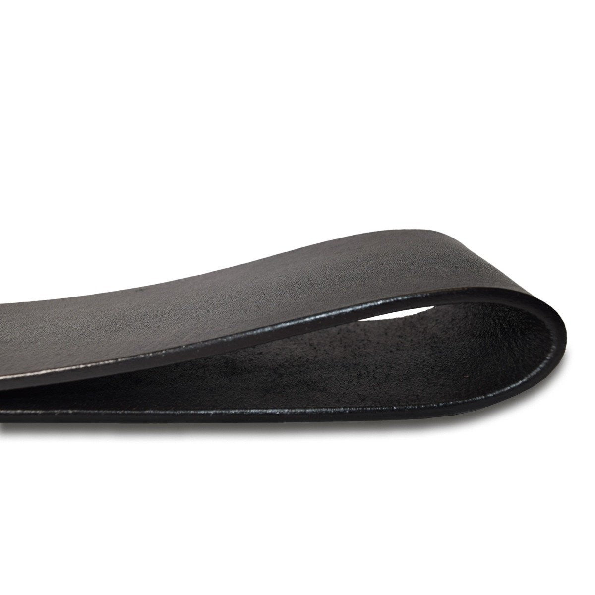Close-up of a black leather belt on a white background