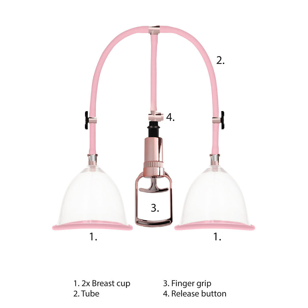 Pink breast pump with labeled parts on a white background