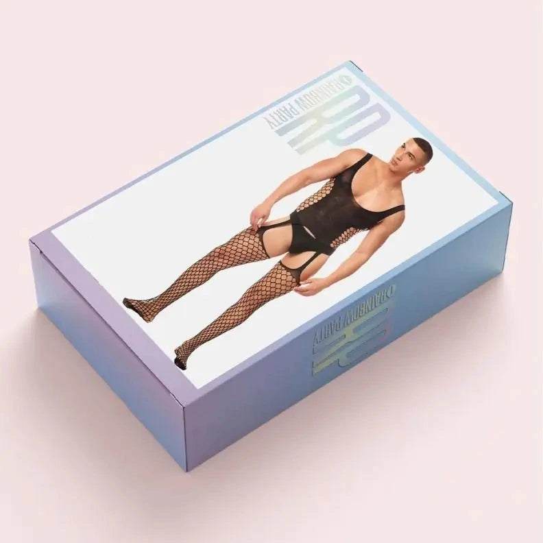 Box of men's fishnet stockings with a model wearing them on a pink background