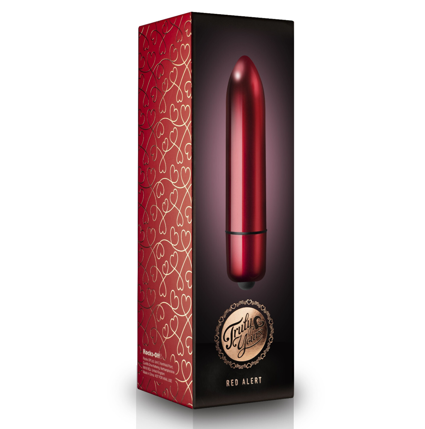 Red electronic vibrator in a decorative box with intricate patterns on a white background