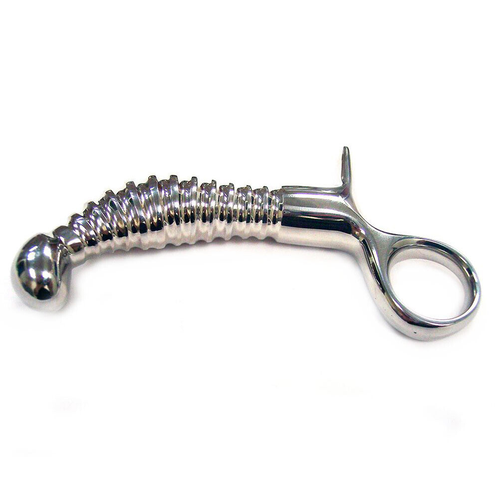 Metallic prostate massager on a white background