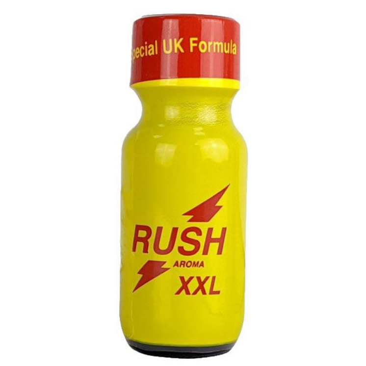 Yellow bottle with red cap labeled 'Rush Aroma XXL' on a white background