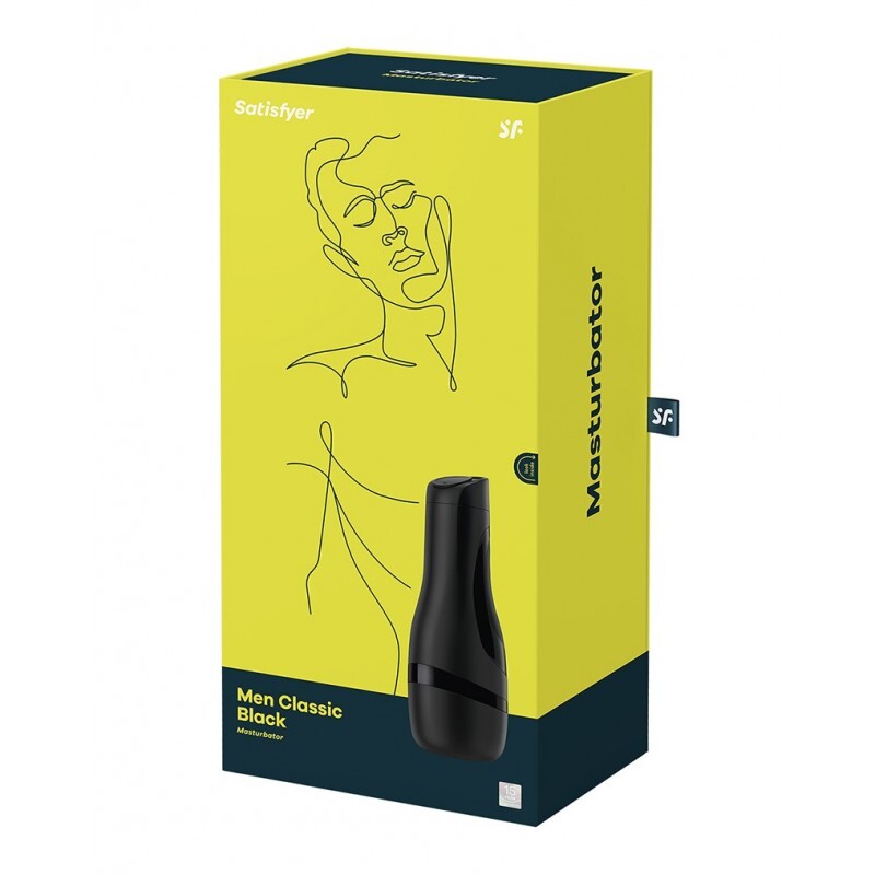 Yellow packaging box for a black men's classic masturbator stroker with Satisfyer branding.