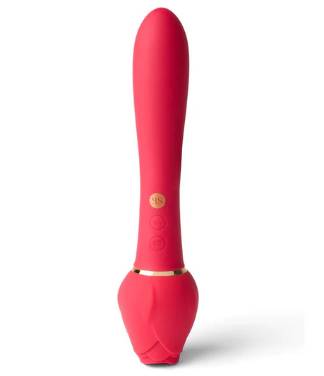 Red electronic device with a gold accent on a white background