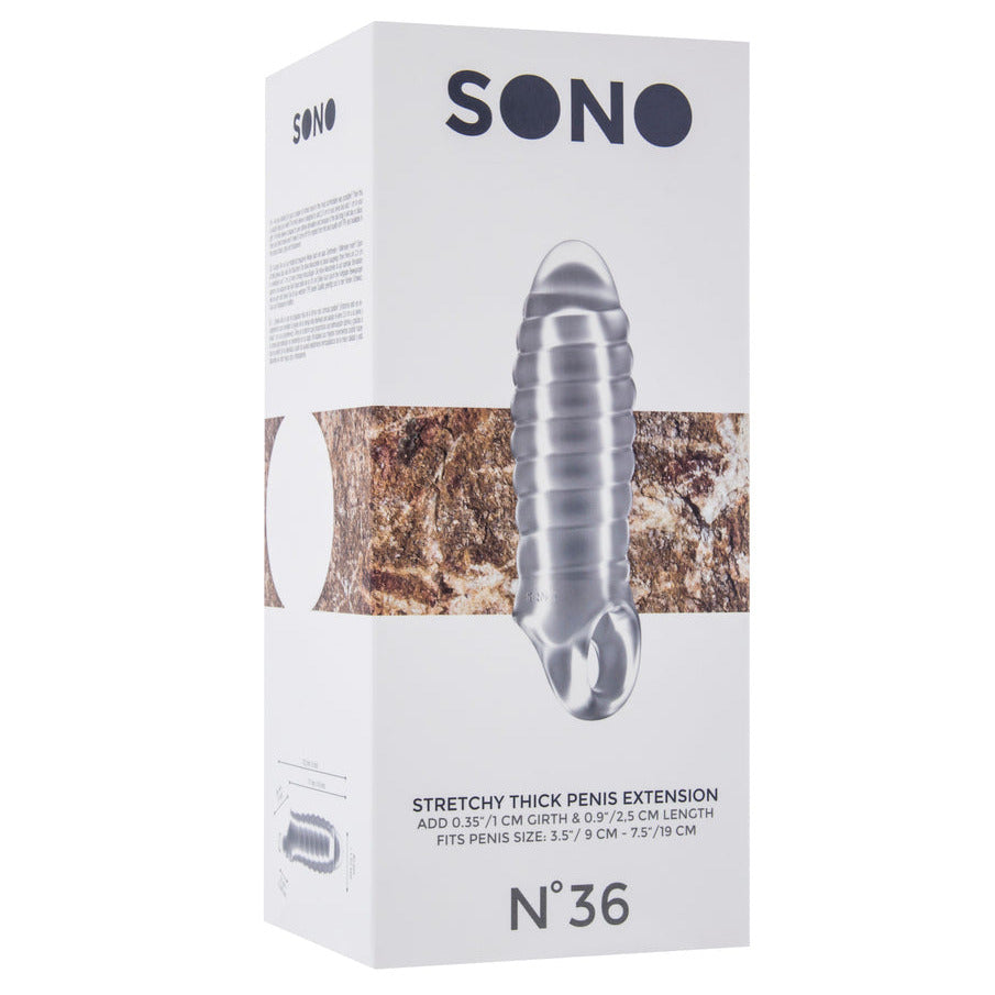 Shots Toys Sono No.36 Stretchy Thick Ribbed Penis Extension 6 Inch Sleeve packaging on a white background