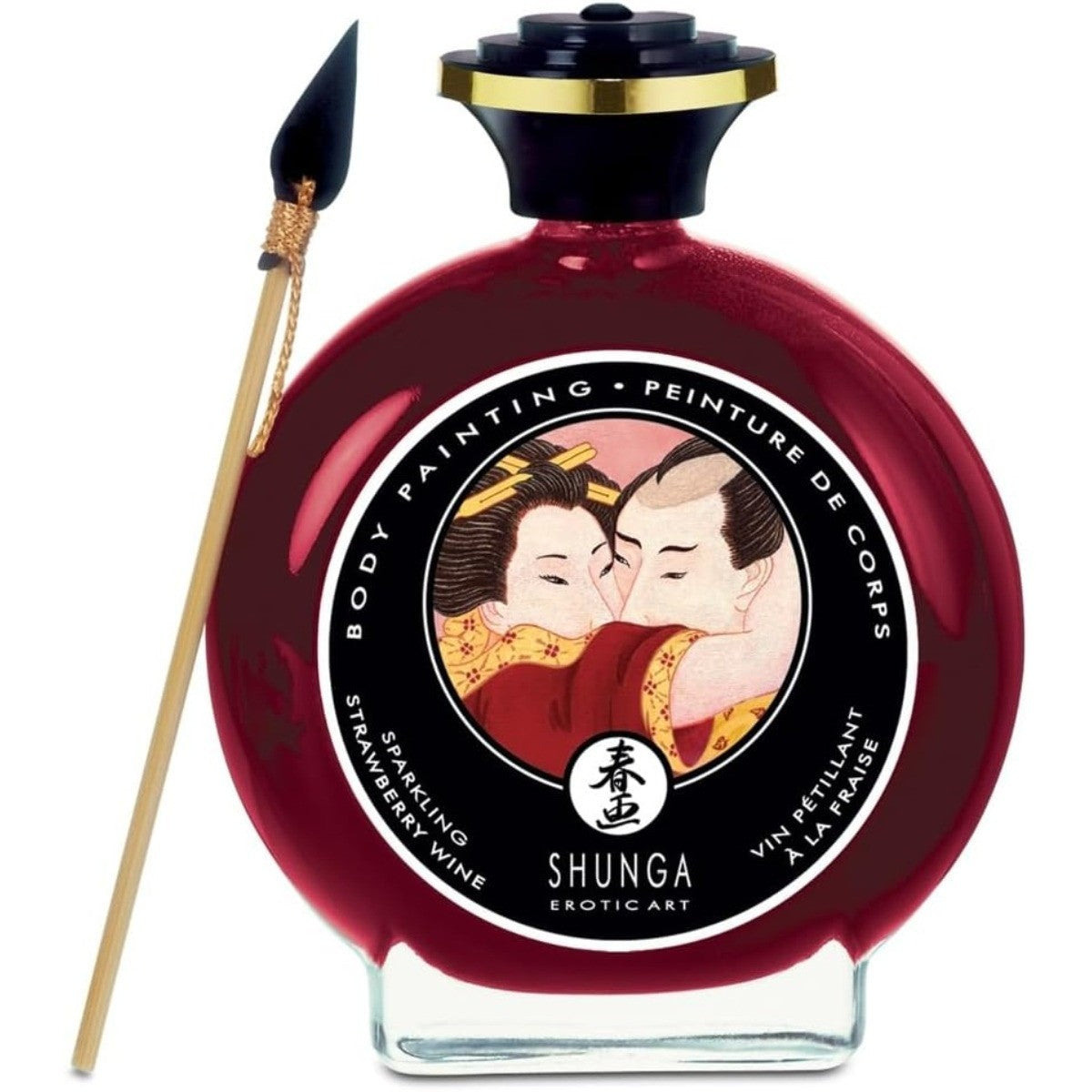 Shunga body painting wine bottle with artistic label and brush on white background