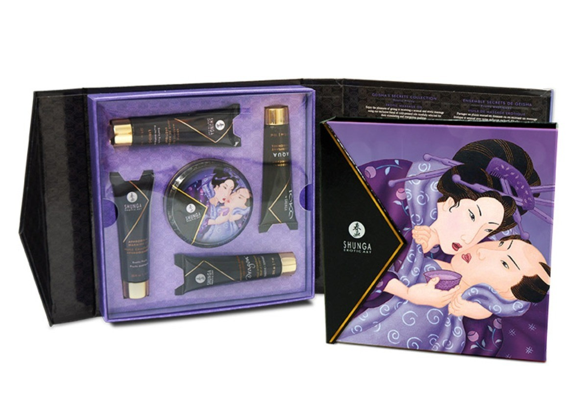 Shunga product set with packaging featuring a cartoon character on a white background