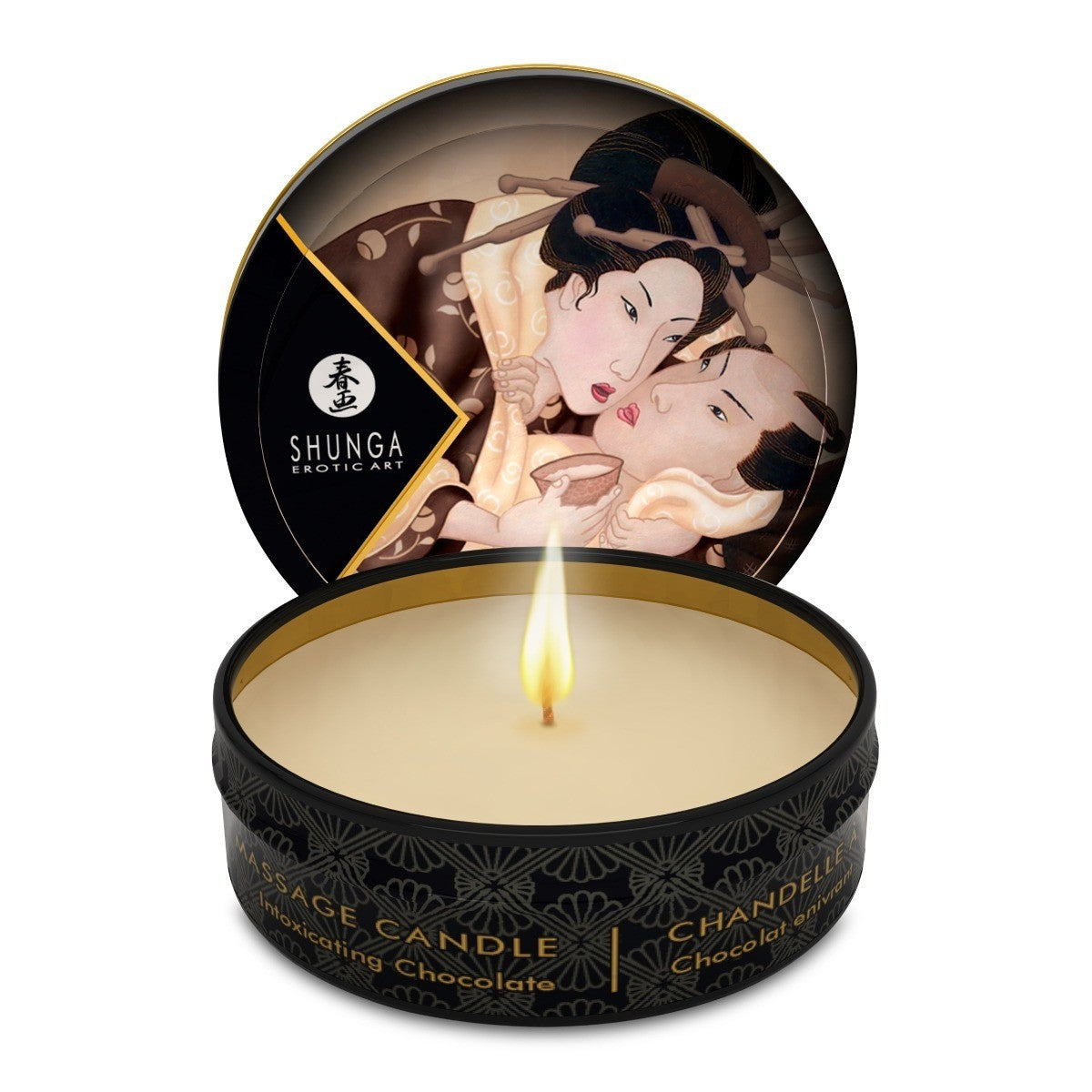 Shunga candle with decorative lid featuring artistic design
