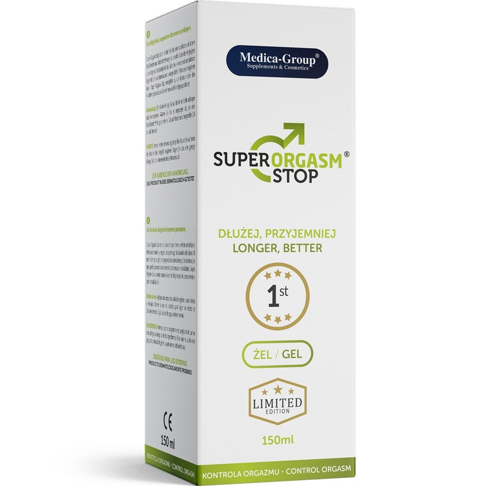 Box of SuperOrgasm Stop gel by Medica Group on a white background
