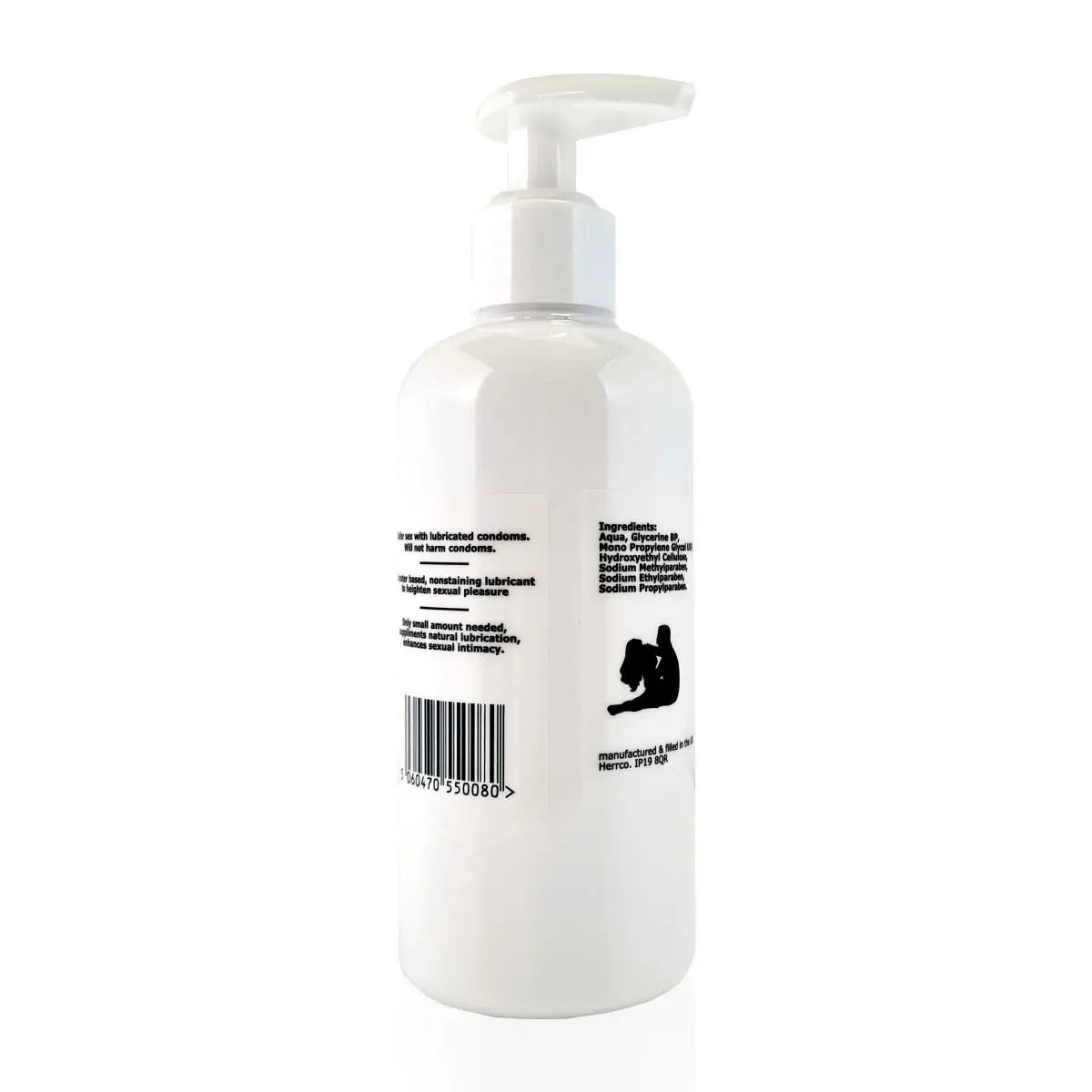 White bottle with pump and label on a white background