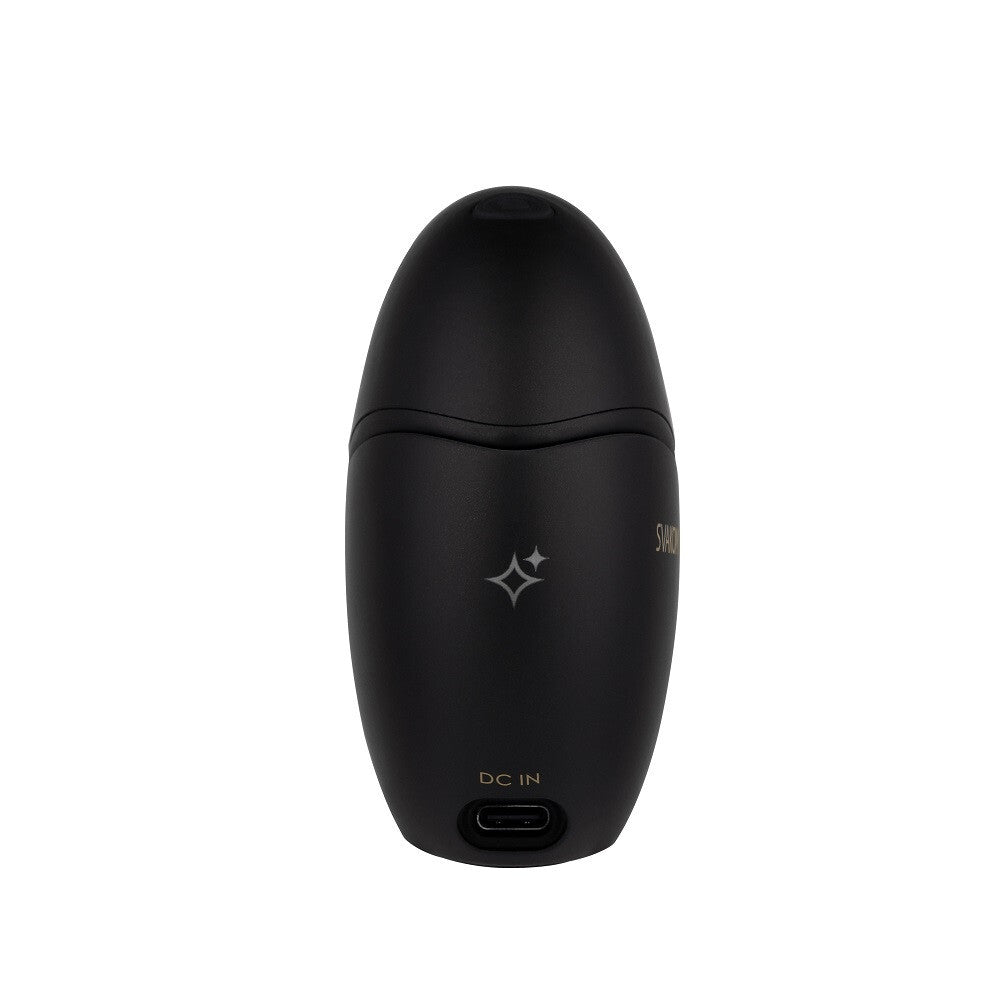 Black electronic device with a brand logo on a white background