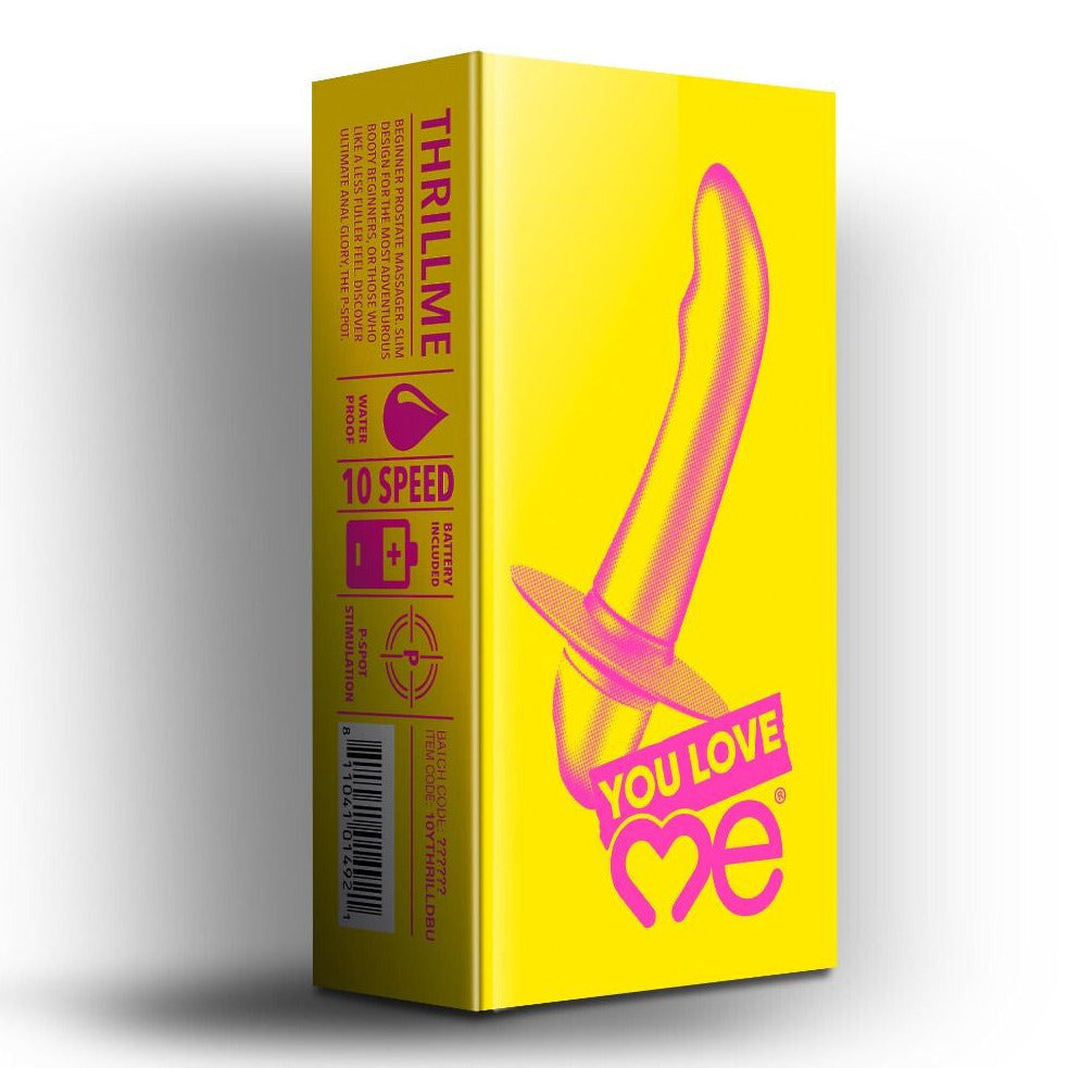Yellow packaging box with pink graphics and text on a white background