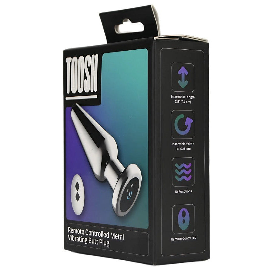 Packaging of a remote-controlled metal vibrating butt plug with 'TOOSH' branding.
