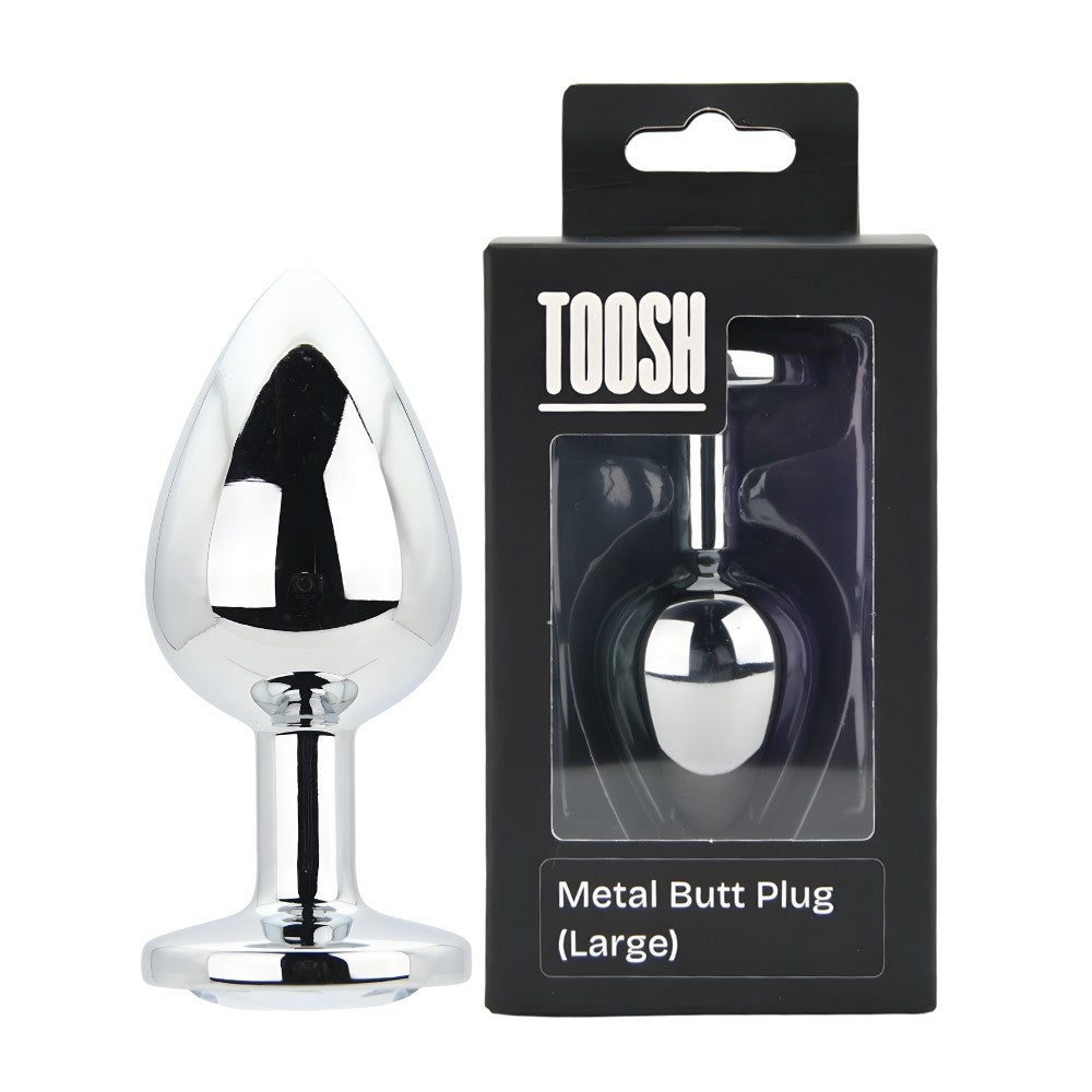 Metal butt plug with packaging labeled 'TOOSH' on a white background