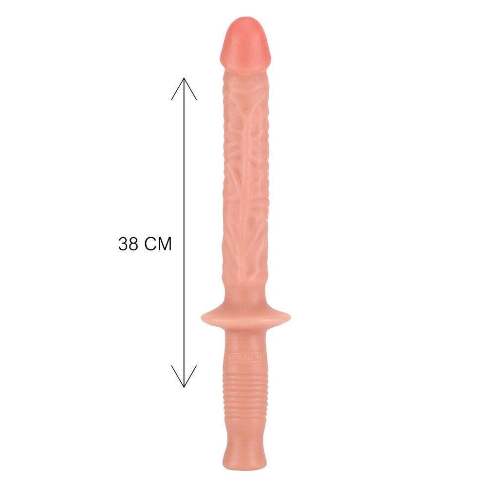Pink cylindrical dildo with handle with textured surface and measurement label on a white background
