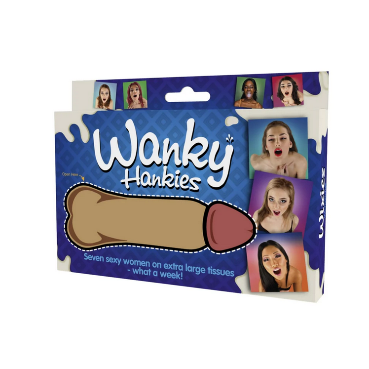 Pack of 'Wanky Hankies' with humorous design on a white background