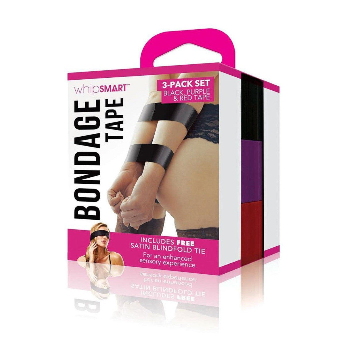Box of whipSMART bondage tape set with black, purple, and red tapes on a white background