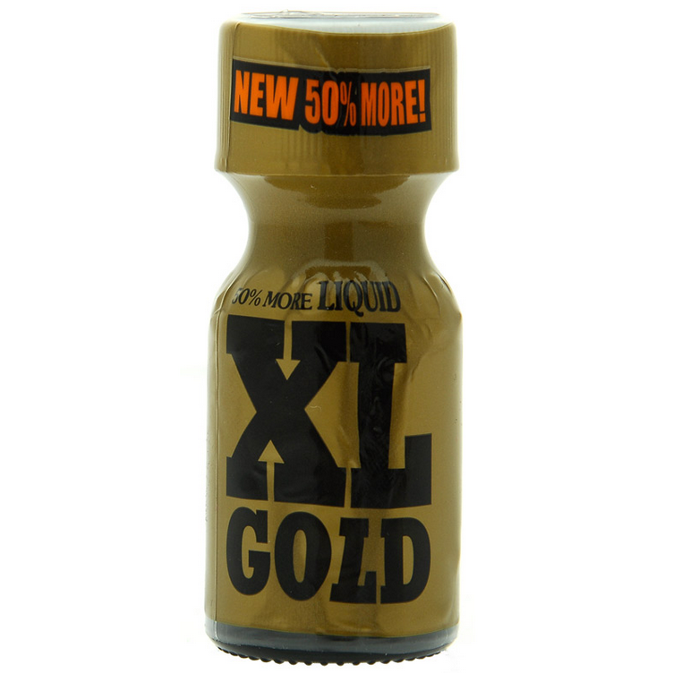 Bottle of XL Gold liquid with a gold cap on a white background