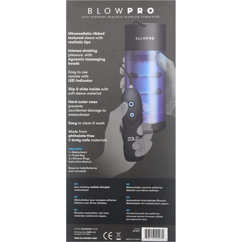 Package of BlowPro stimulator with text and product illustration on a white background