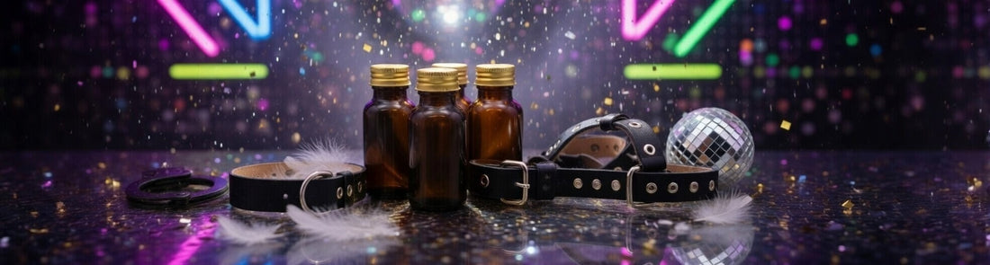 Poppers Bottles with feathers and collars in a party scene