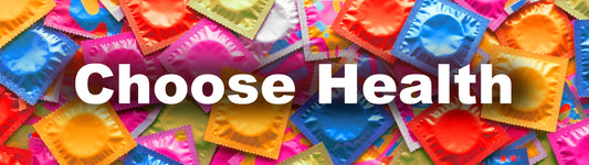 Banner of colourful condom packets with "Choose Health" text in white