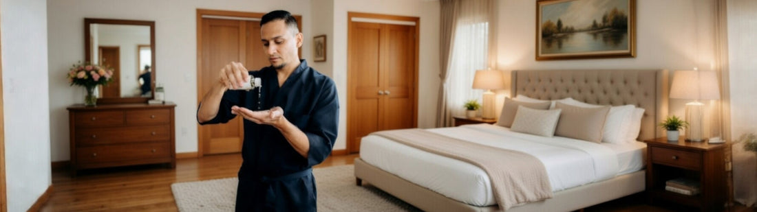 man pouring lube into his hand in his bedroom