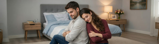 Couple sitting together on floor with her head on his shoulder