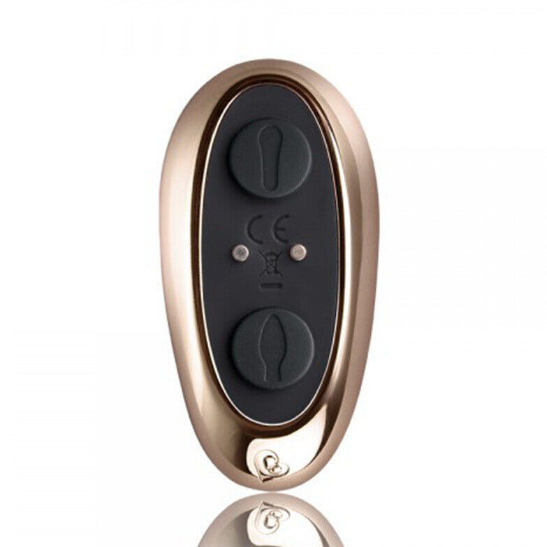 Rose gold electronic device with black display on a white background