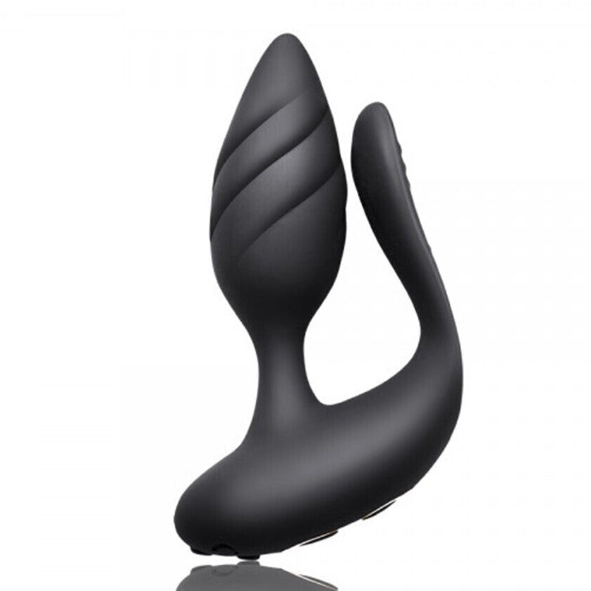 Black spiral-shaped object on a white background