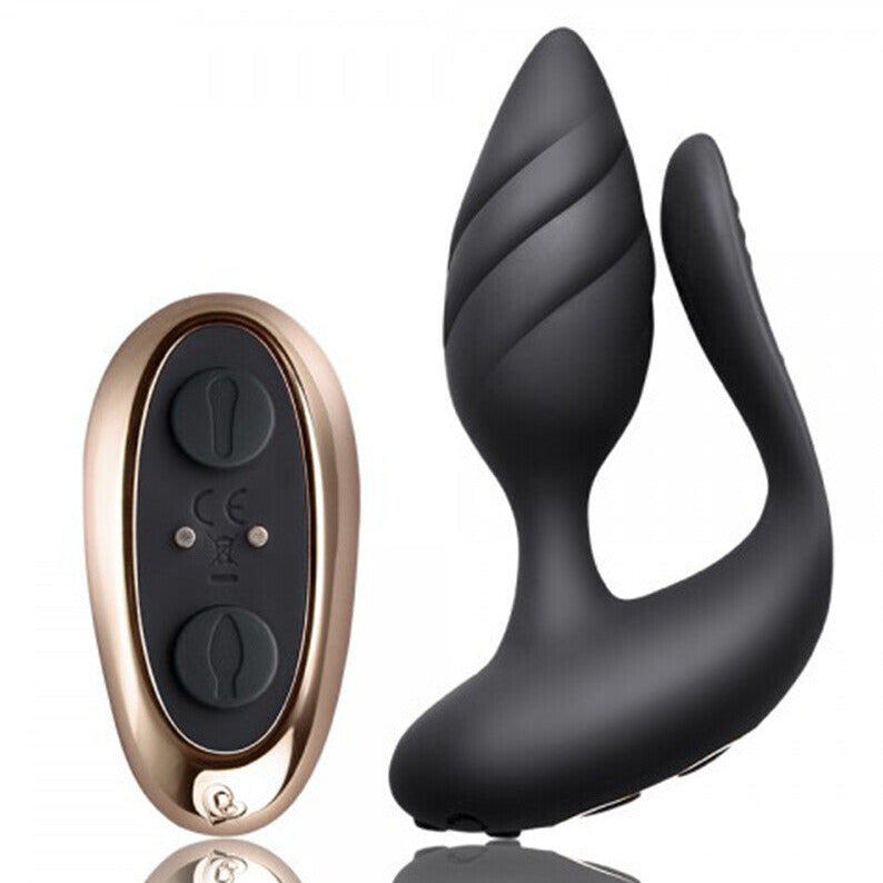 Black and rose gold electronic massage device on a white background