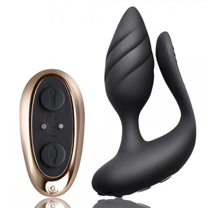 Black and rose gold electronic massage device on a white background