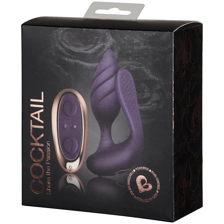 Purple and rose gold device in packaging with 'Cocktail' branding on a dark background