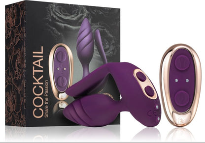 Purple and gold electronic massage device with packaging labelled 'Cocktail' on a white background