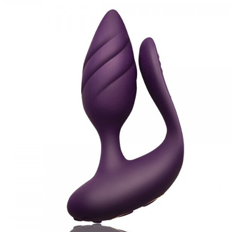 Purple silicone butt plug on a white background