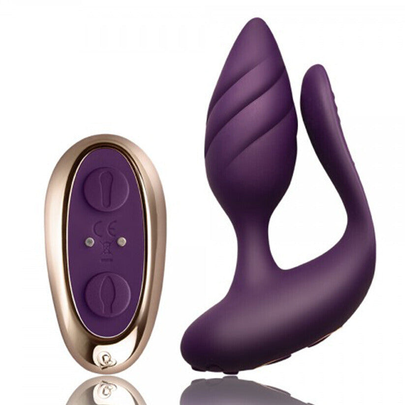 Purple electronic massager device with remote control on a white background