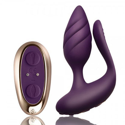 Purple electronic massager device with remote control on a white background