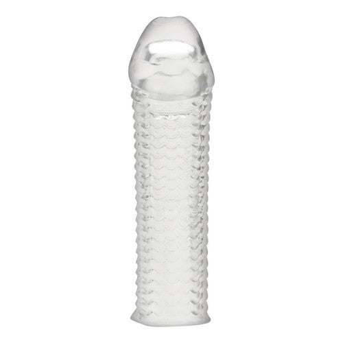 Clear silicone penis sleeve on a white background