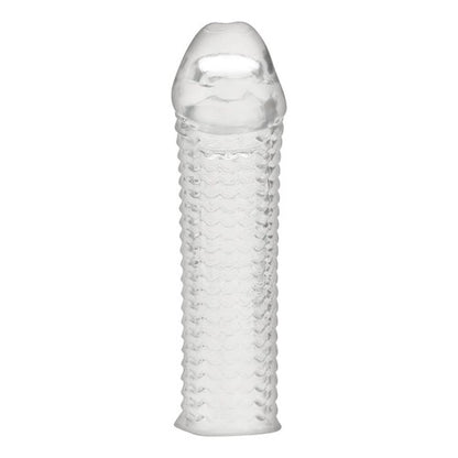 Clear silicone penis sleeve on a white background