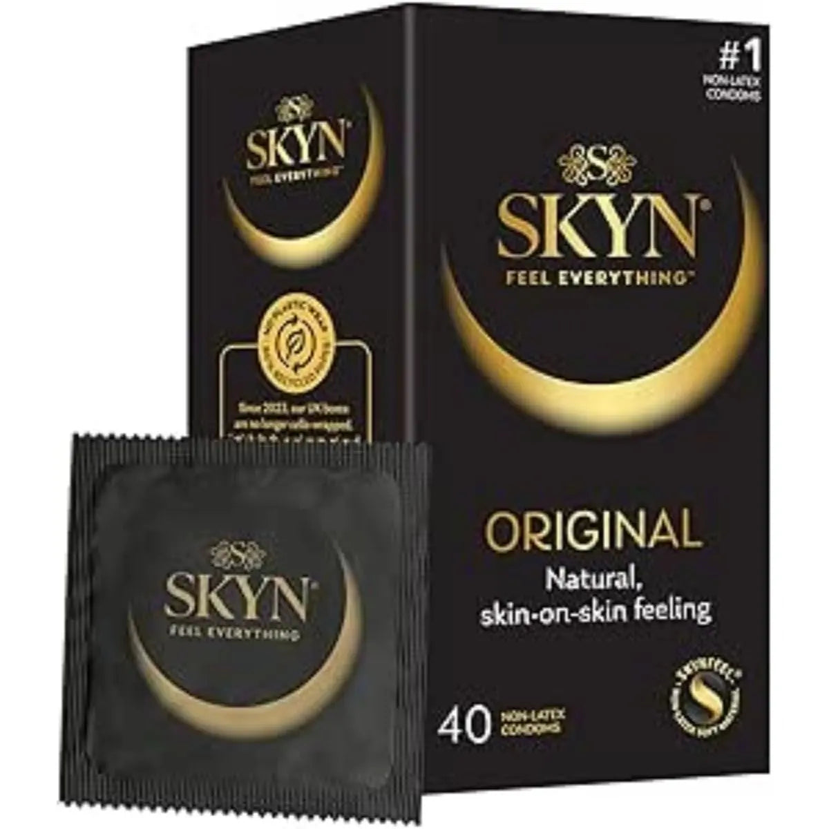 SKYN condom packaging with a black background