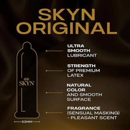 SKYN Original condom packaging with features listed on a dark background